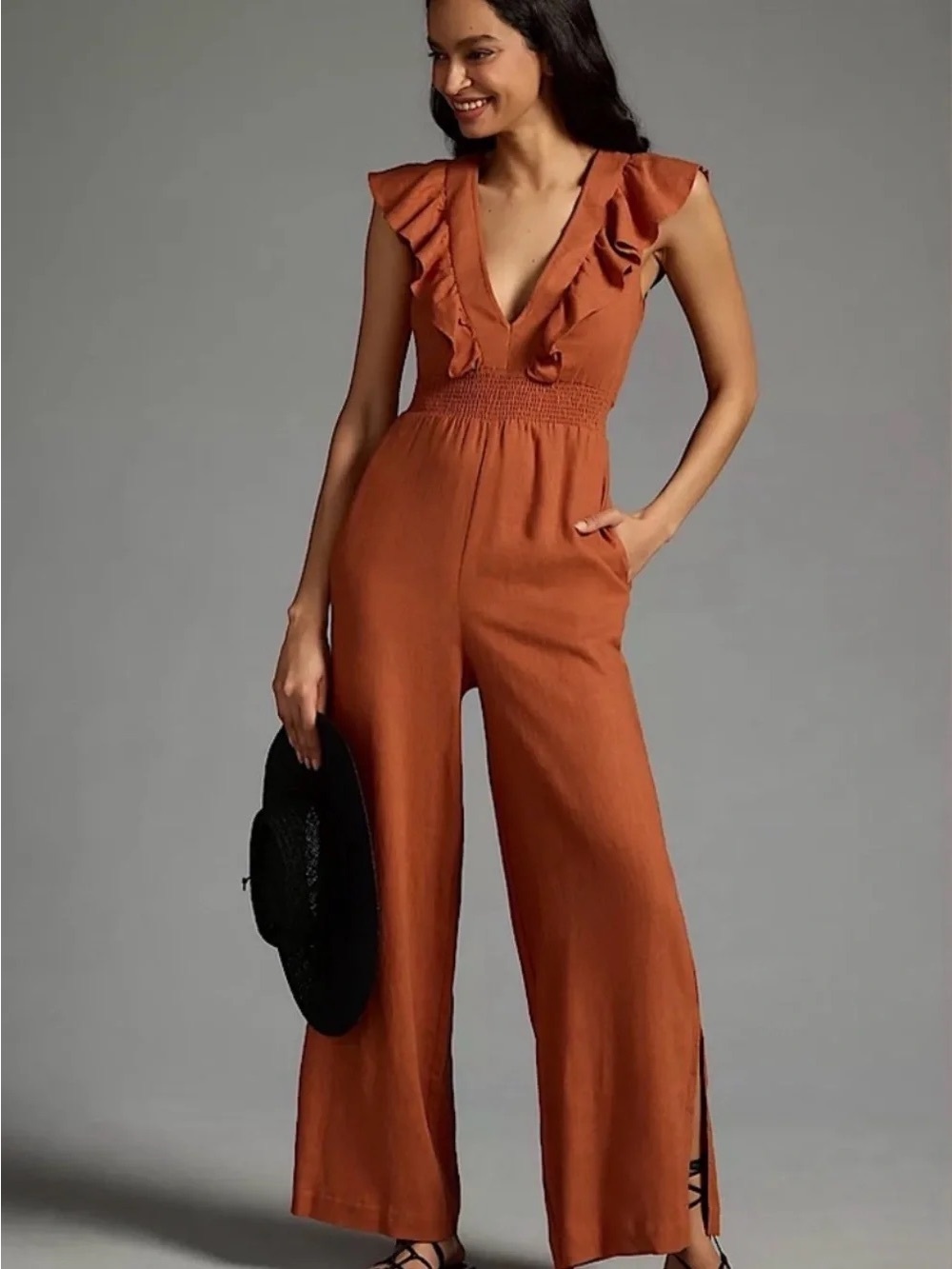 By Anthropologie V Neck Ruffle Copper Jumpsuit Size S - Picture 2 of 16